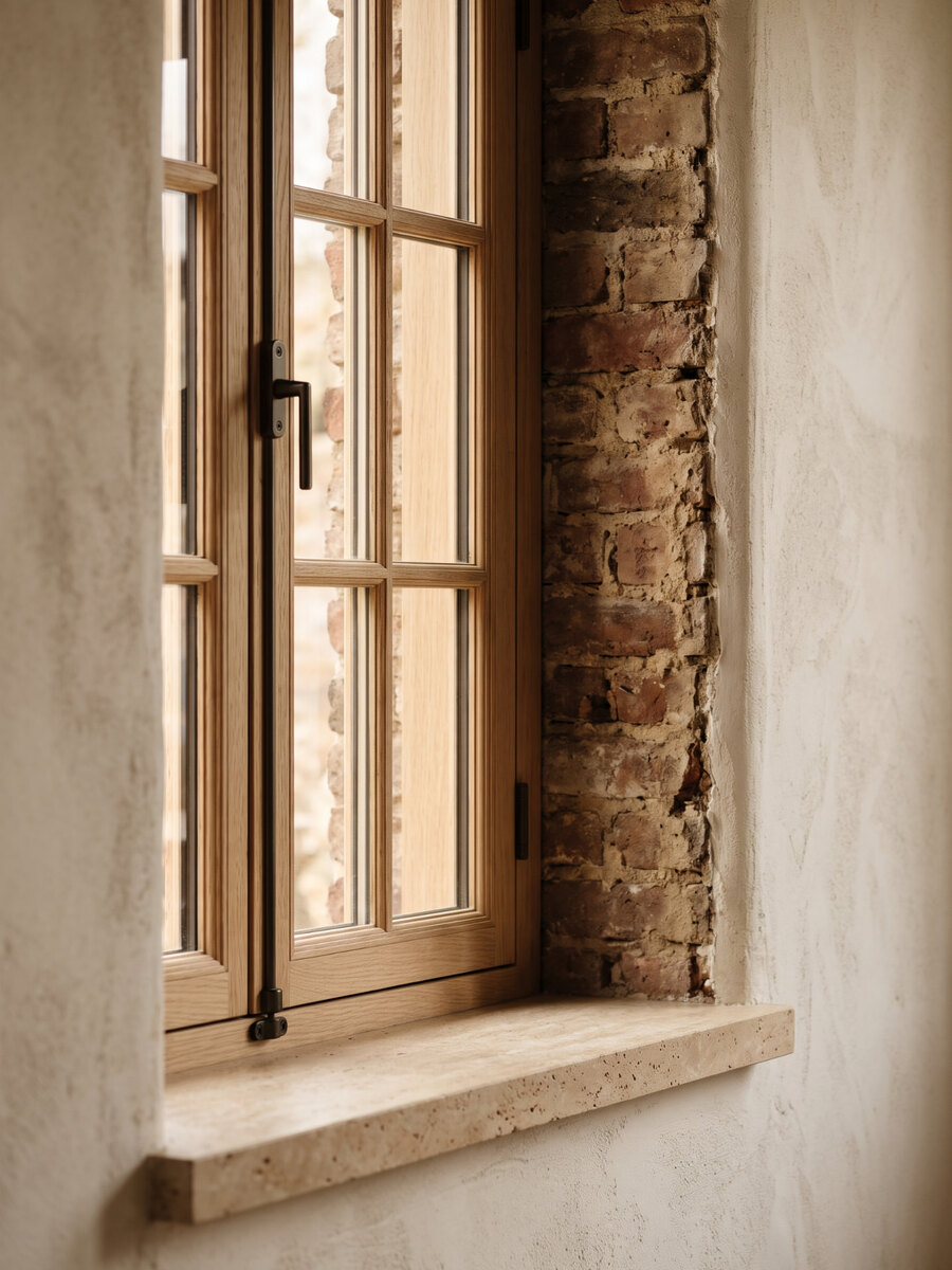 Natural oak multi-pane casement set in an exposed brick wall reveal, bronze locking rod hardware above a travertine sill