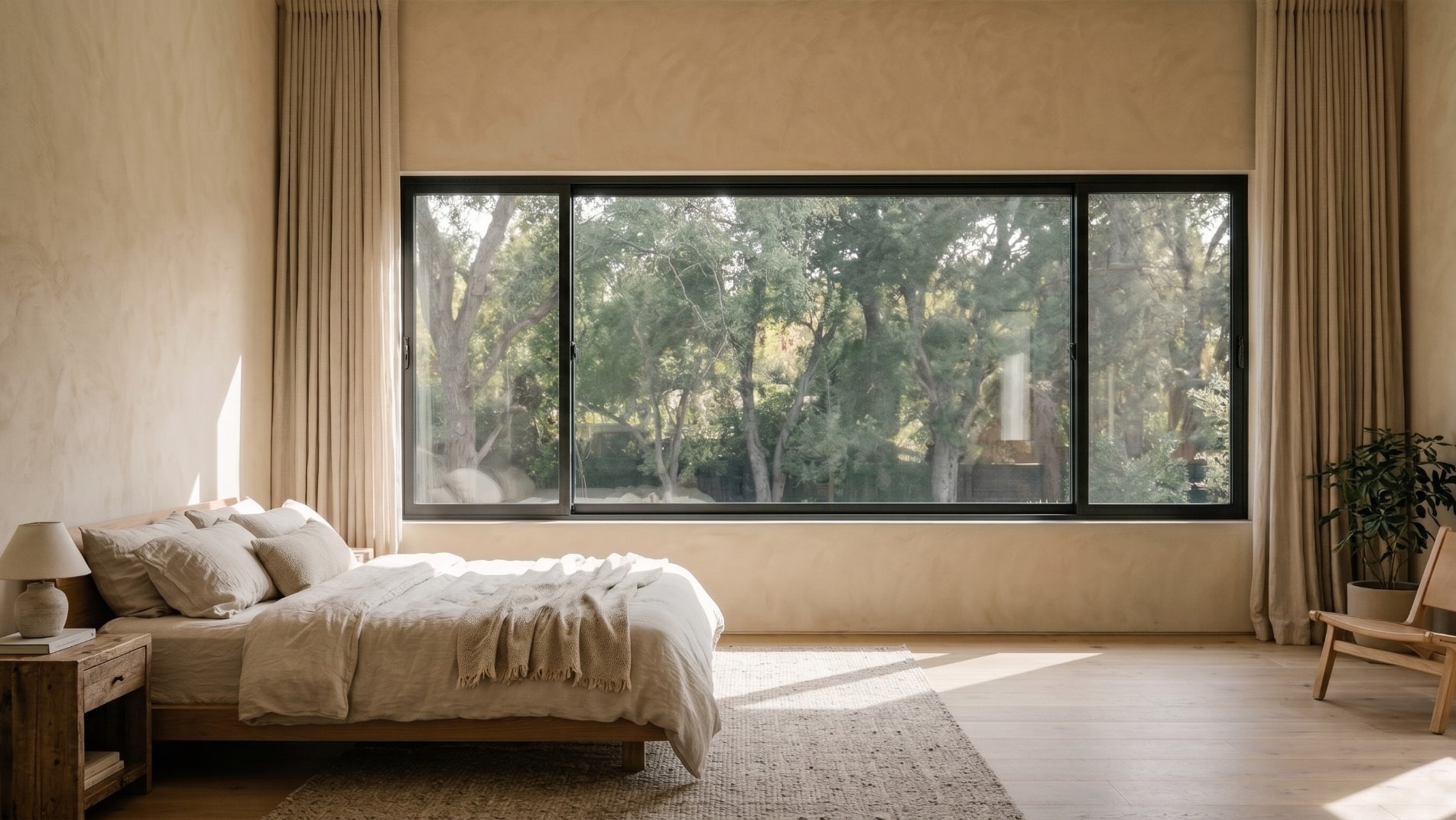 Wide three-panel black-framed slider in a warm plaster bedroom, linen drapes and a low oak bed, dense green trees beyond the glass