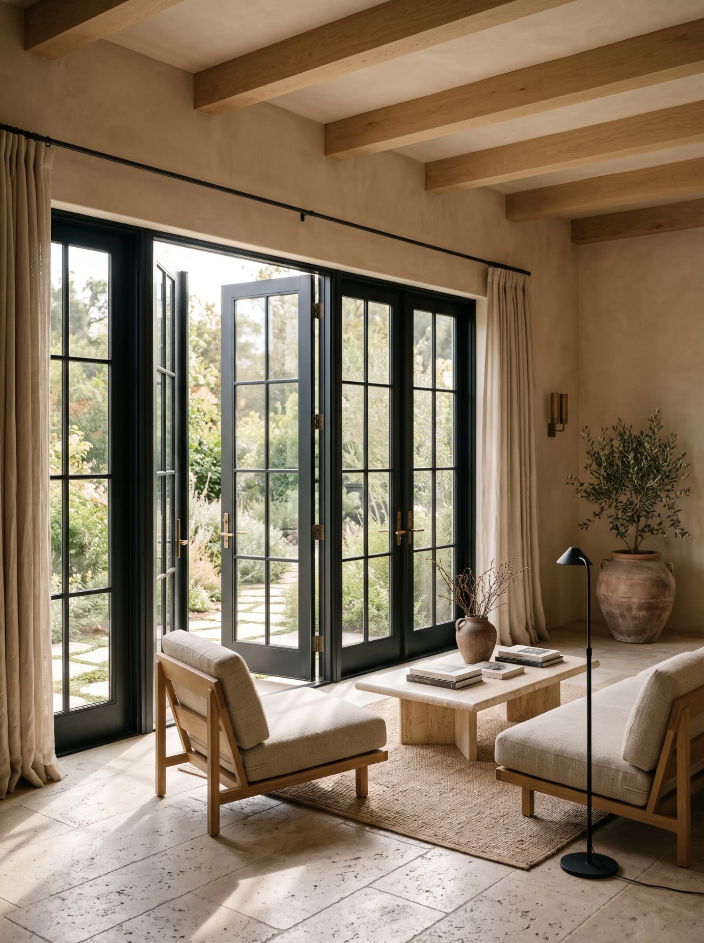A sunlit minimalist living room with exposed oak ceiling beams, low oak lounge chairs on a woven rug, a travertine coffee table and floor-to-ceiling linen drapes, with a four-panel matte black French door standing open onto a stone garden path and lush greenery