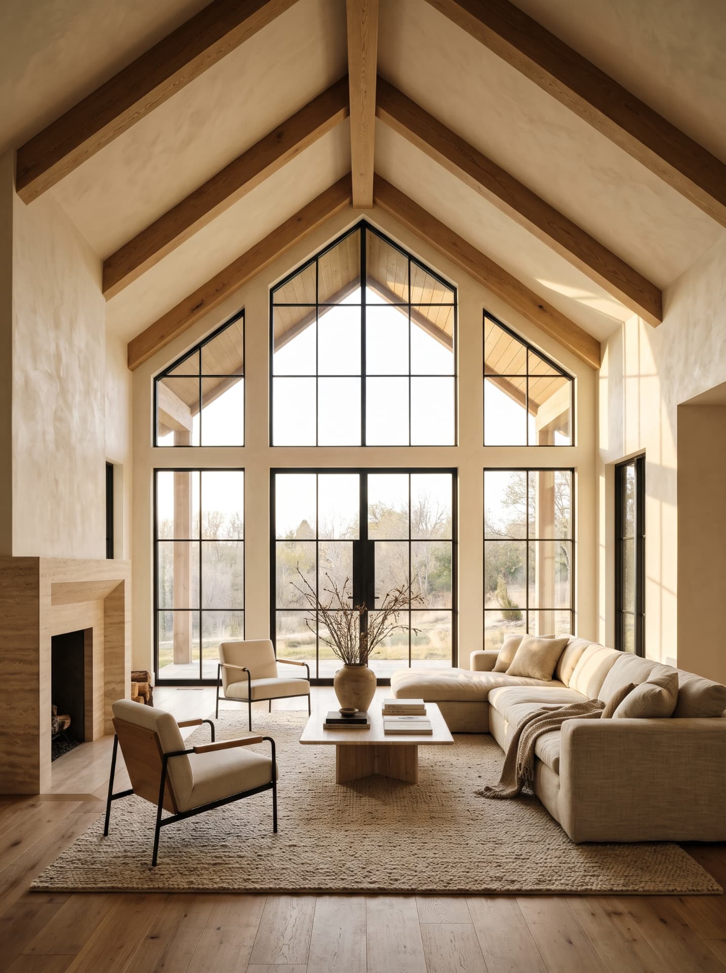 Sunlit great room with a gable of black-framed windows, exposed timber beams and warm neutral furnishings