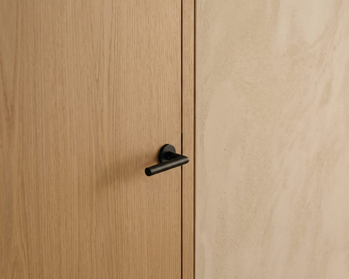 Flush oak interior door with a slim matte black lever, meeting a plaster wall without trim