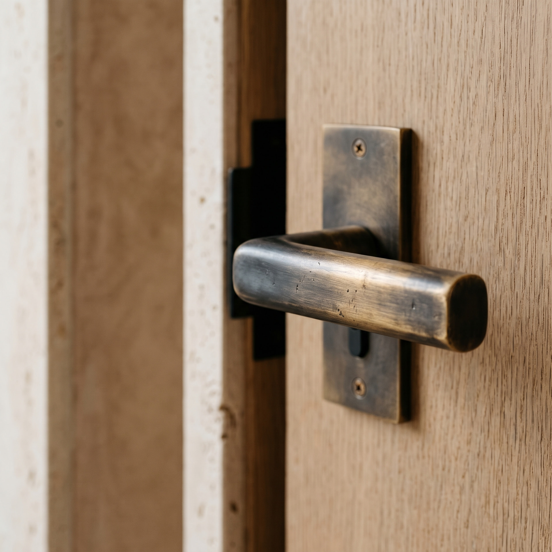Antiqued brass door lever mounted on a pale oak door