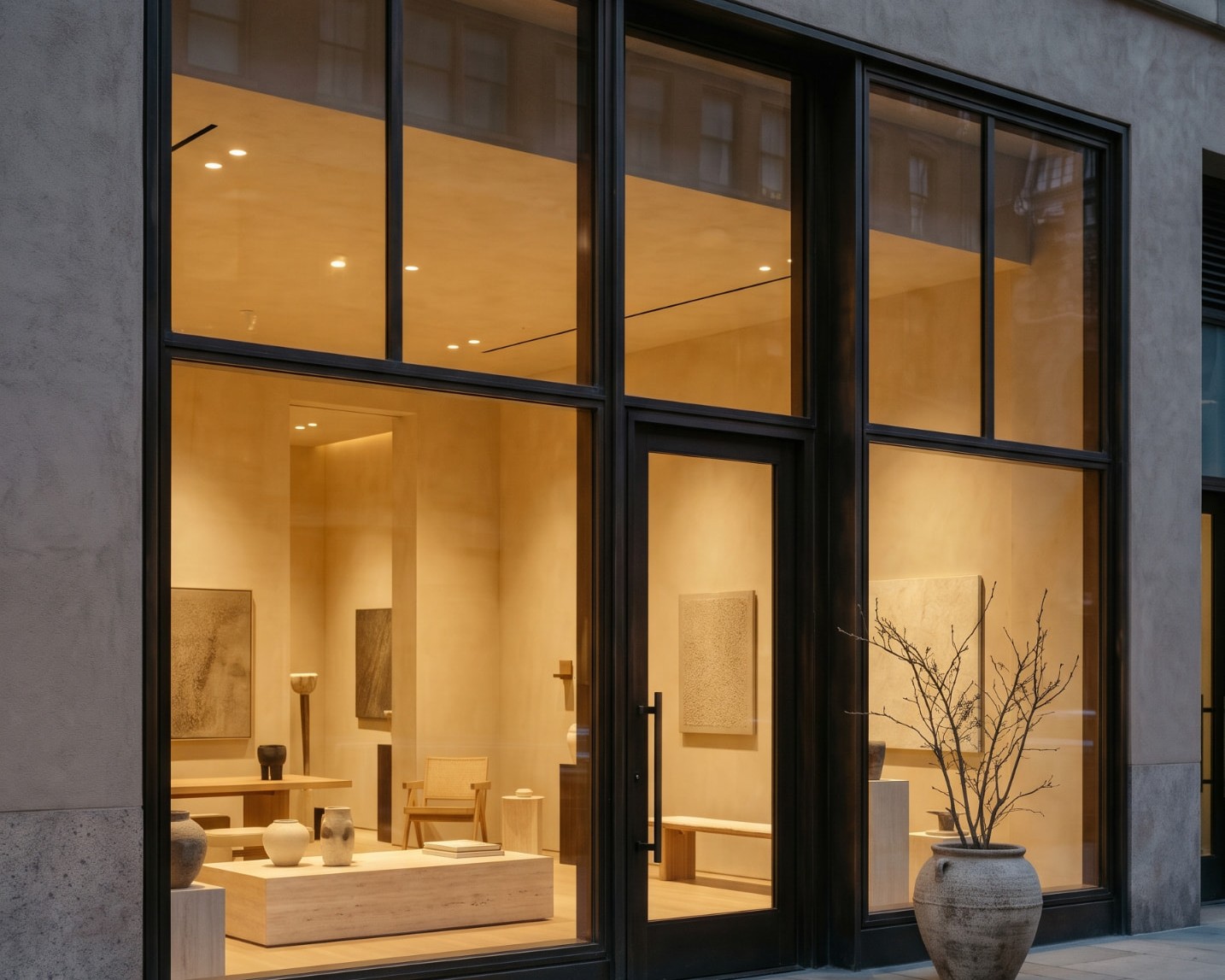 Dark-framed storefront windows and glass entrance door of a design gallery at dusk, warmly lit interior of stone furniture and vessels visible beyond the glass, a large urn of bare branches on the stone sidewalk