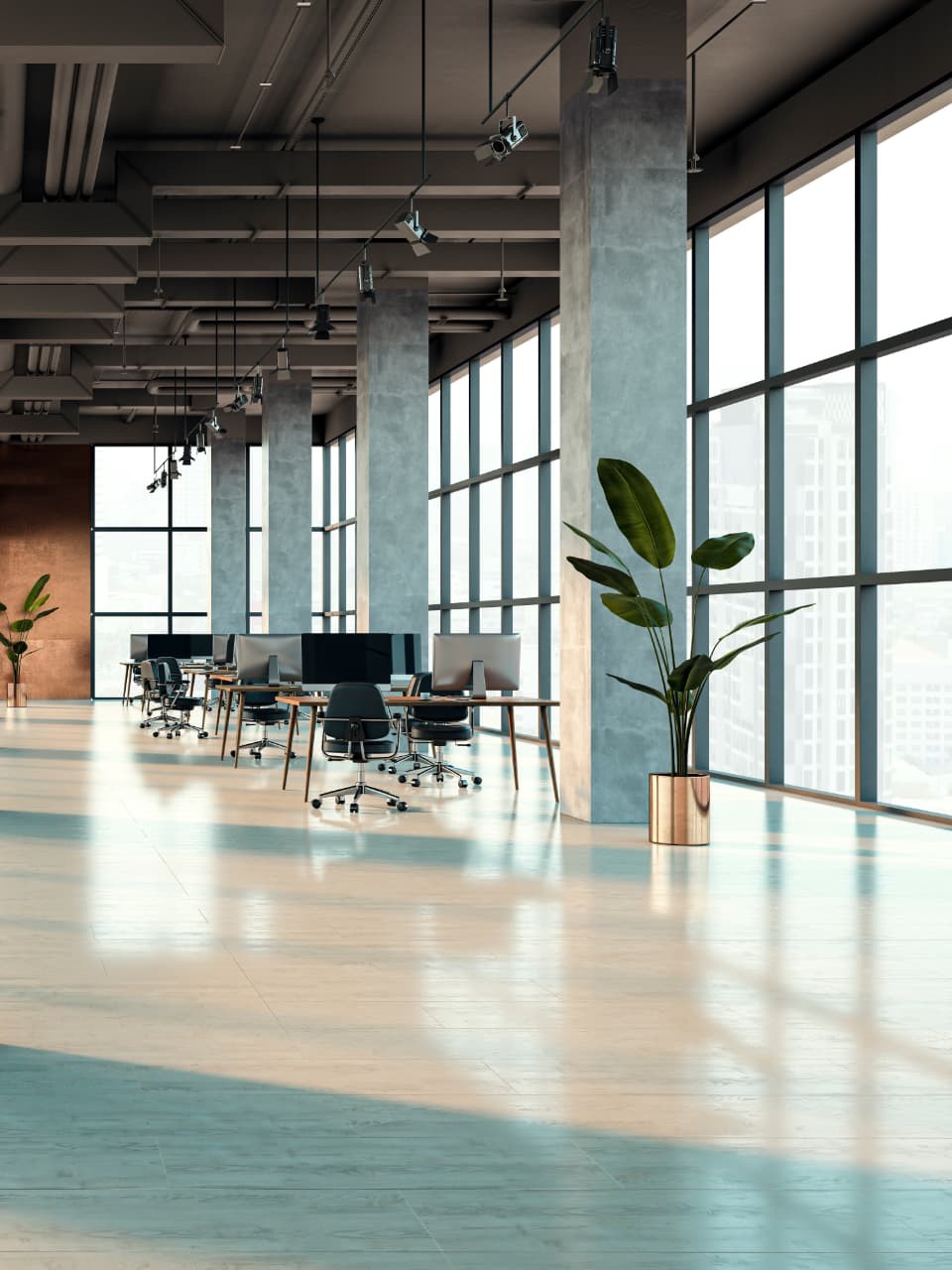 Open-plan office with floor-to-ceiling black-framed fixed windows along the right, a dark feature wall and concrete columns, workstations and potted plants beyond