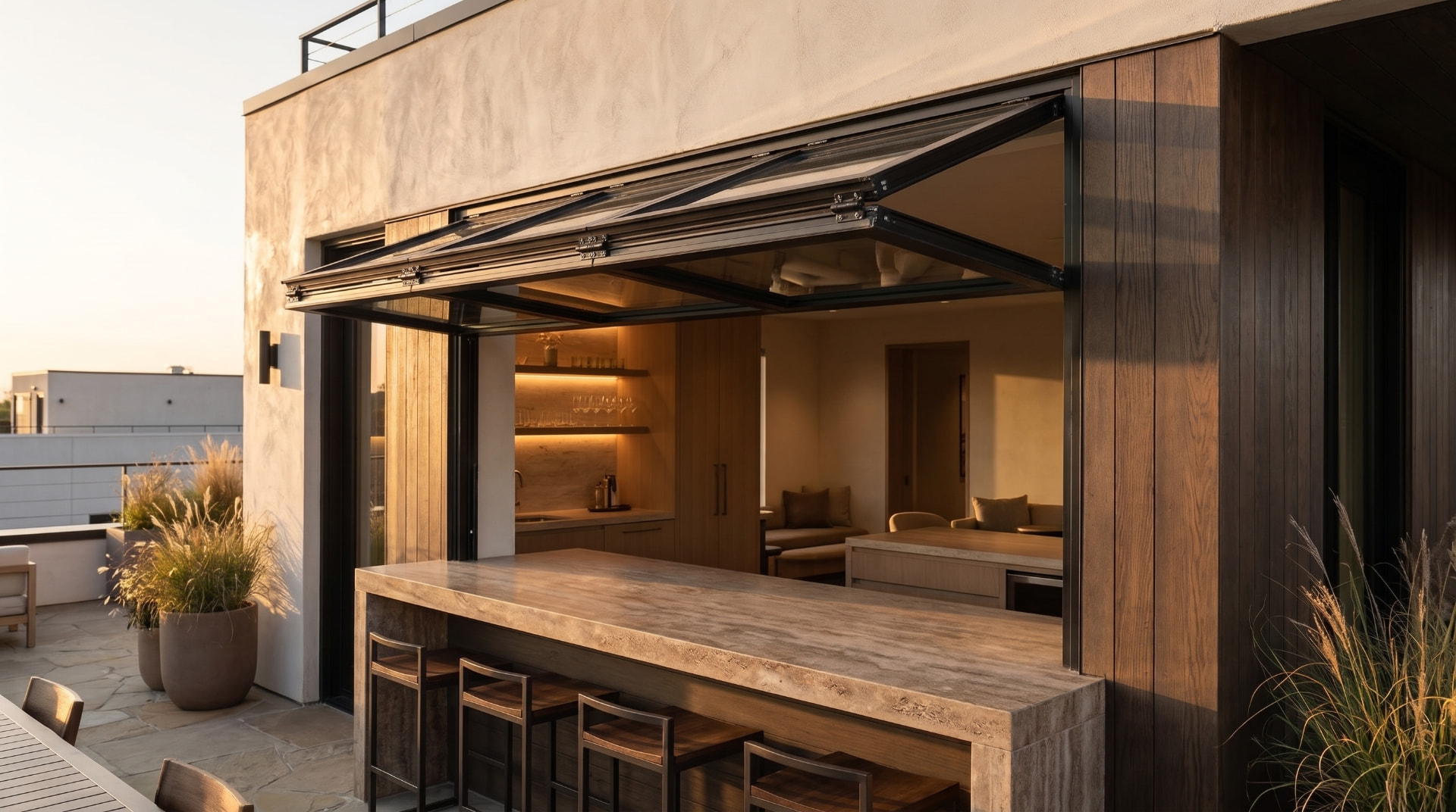 Black-framed pass-through window folded open above a travertine bar counter on a terrace at golden hour, warm bar shelves lit behind the glass