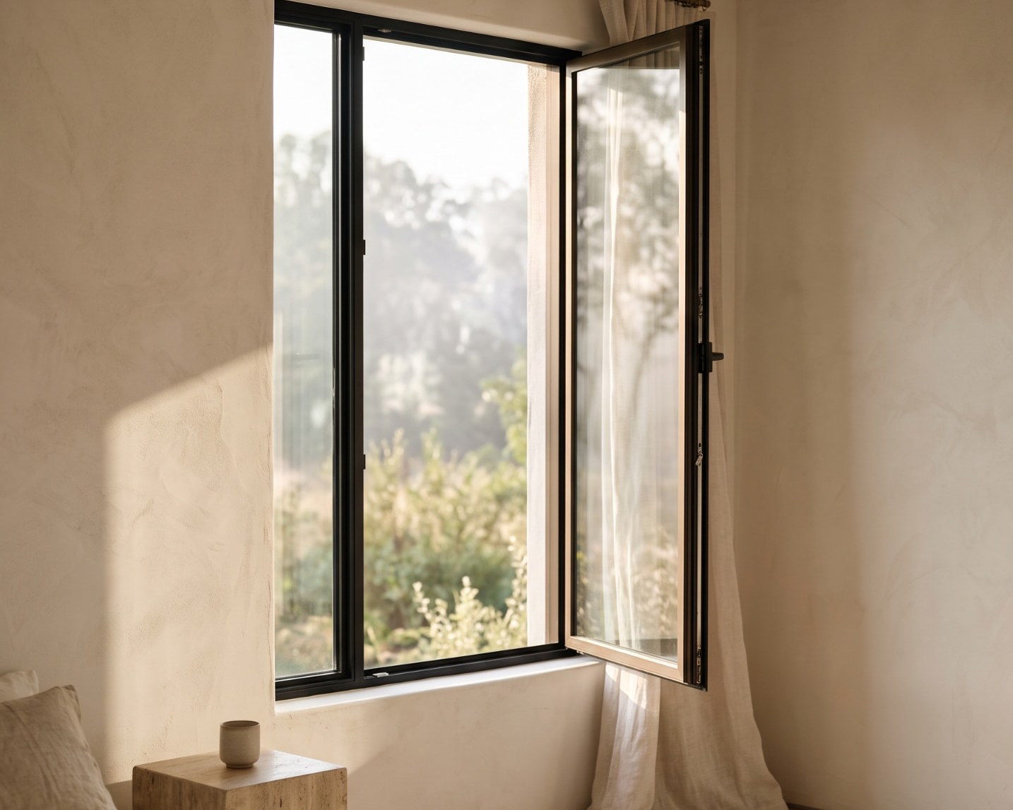 Black-framed casement window swung open in a plaster bedroom wall, linen curtain beside it and warm morning light across pale wood floors