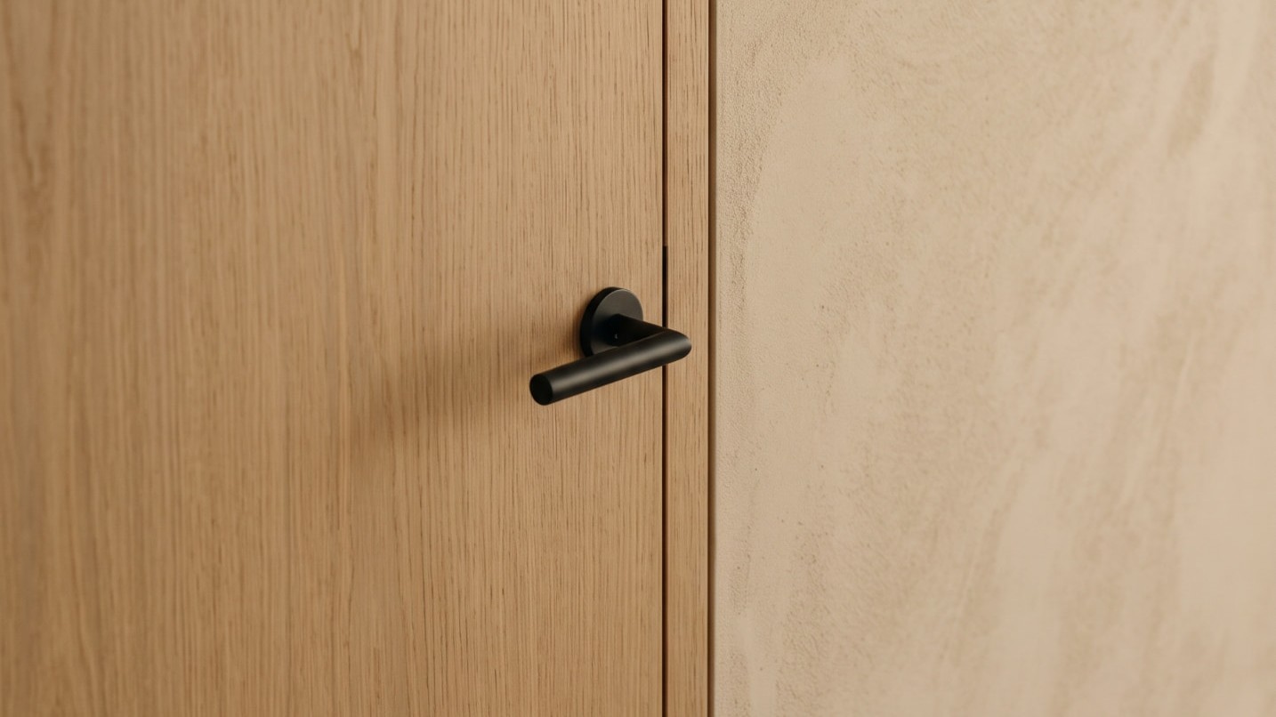 Flush light-oak interior door meeting a beige plaster wall, a slim matte black lever handle on a small round rosette at the seam, travertine baseboard and a soft shadow beneath the handle