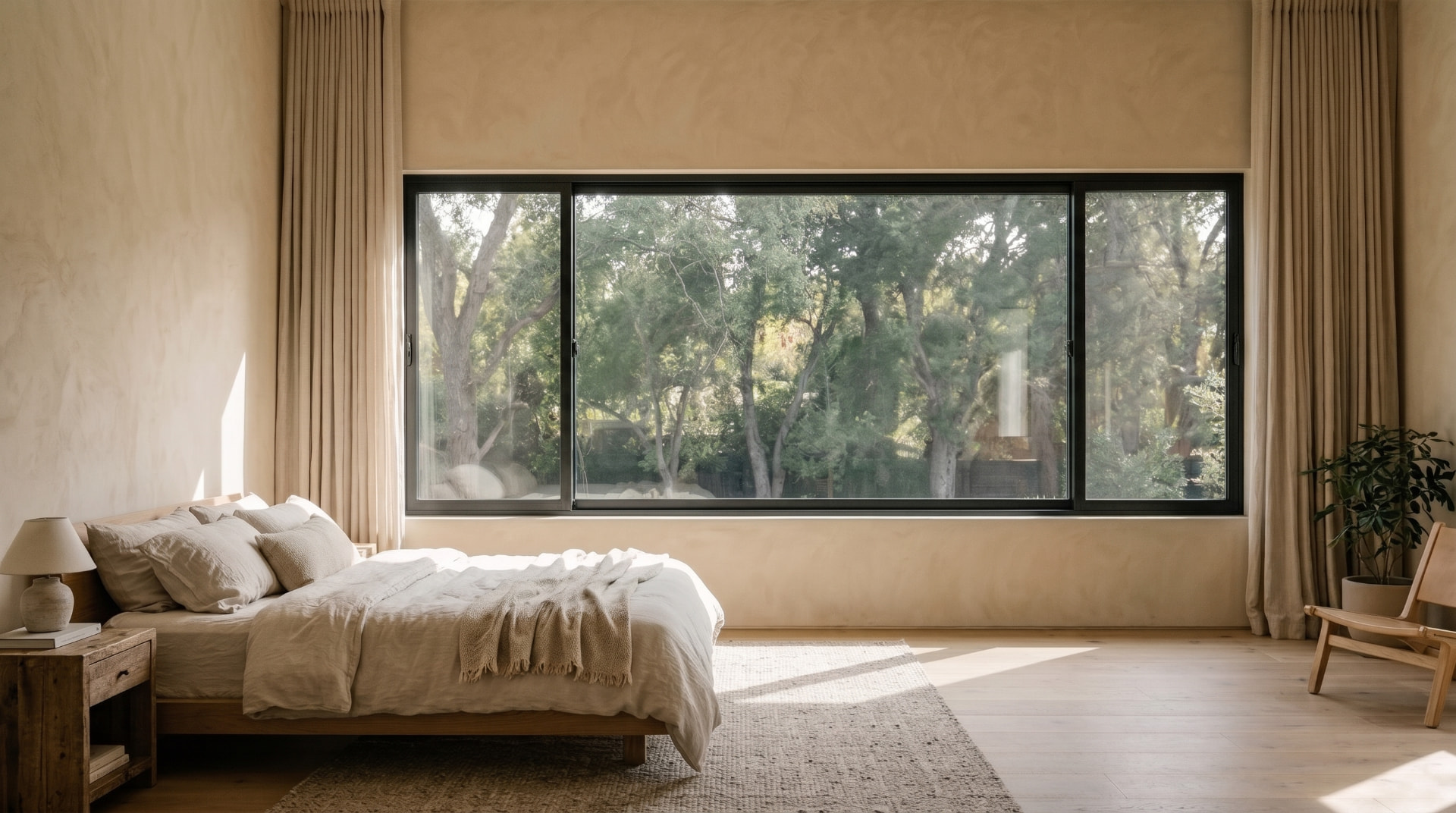 Wide three-panel sliding window in slim black frames set into a warm plaster bedroom wall, linen curtains drawn back and sunlight falling across a woven rug