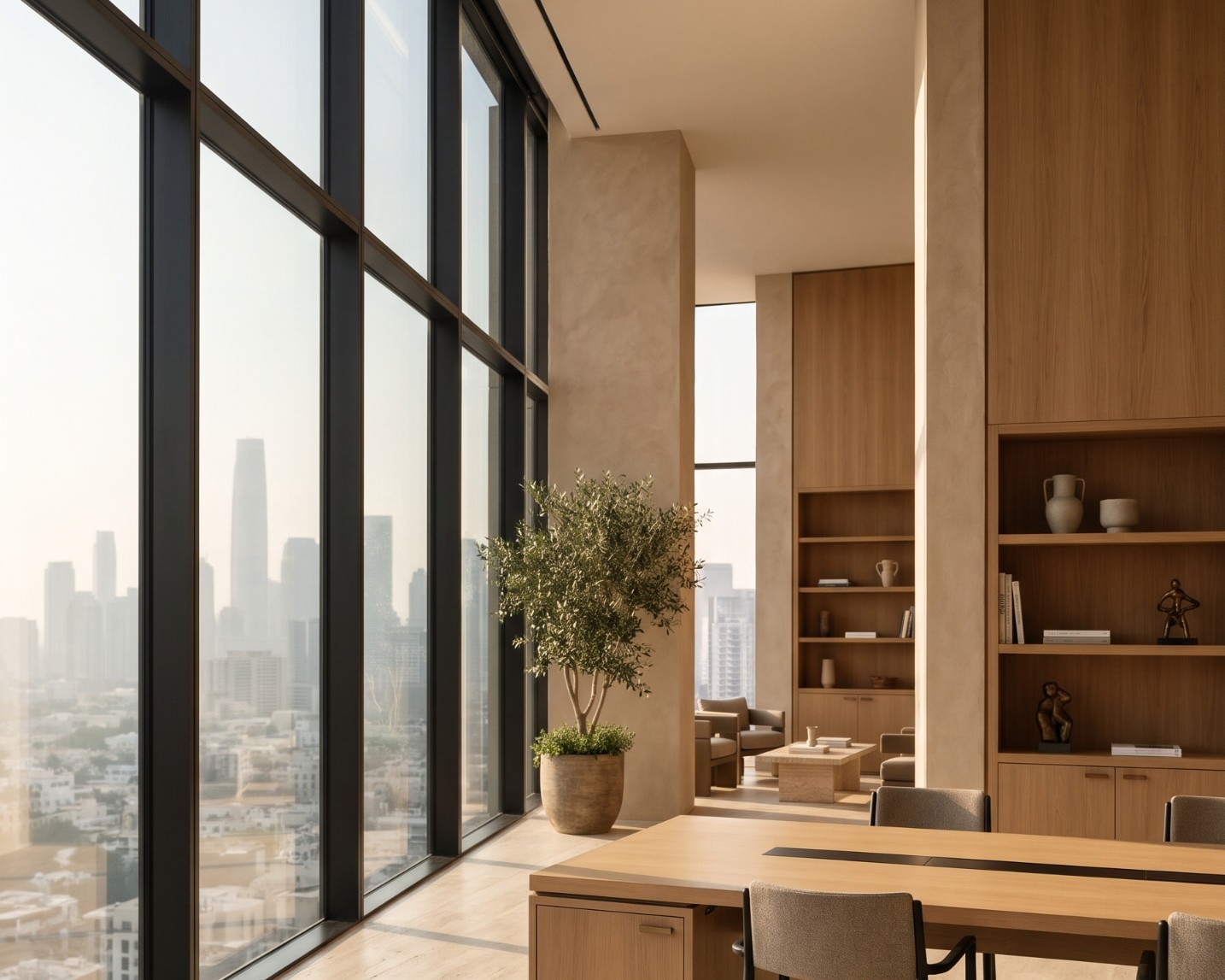 Floor-to-ceiling black-framed windows in a sunlit office, city skyline beyond the glass