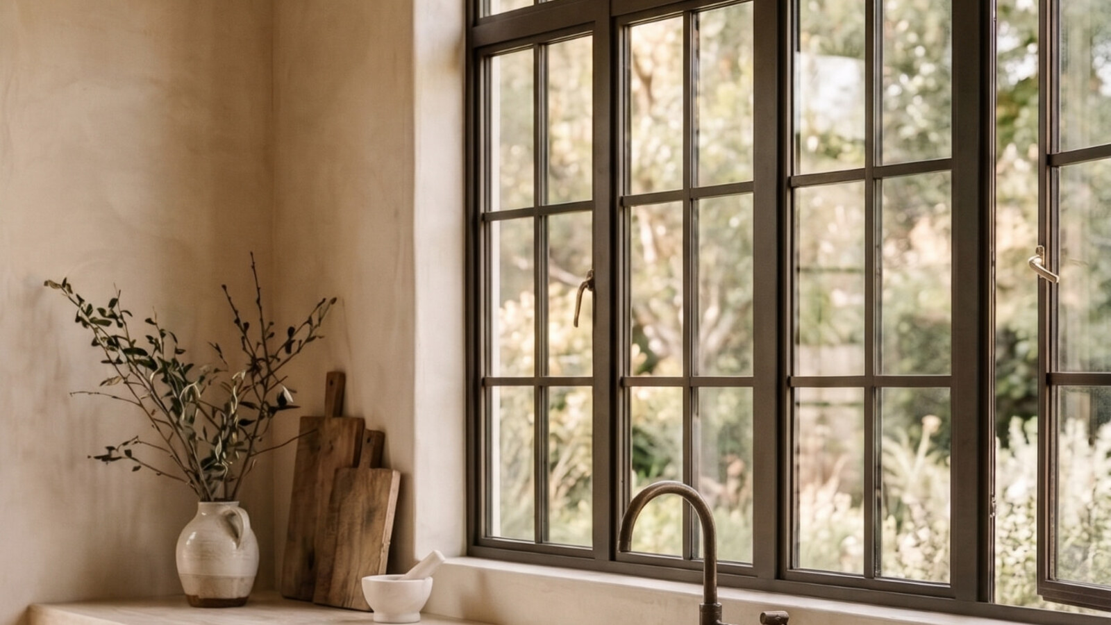 Large multi-pane blackened-bronze casement window over a stone countertop and light oak cabinetry, one panel swung open onto a sunlit garden, an aged brass faucet and ceramic vase of branches on the counter