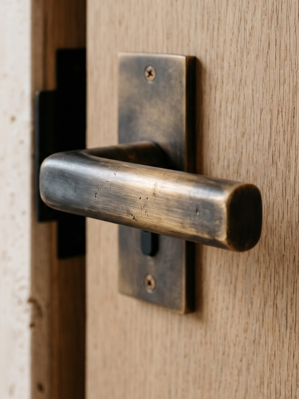 Antiqued brass door lever on a pale oak door
