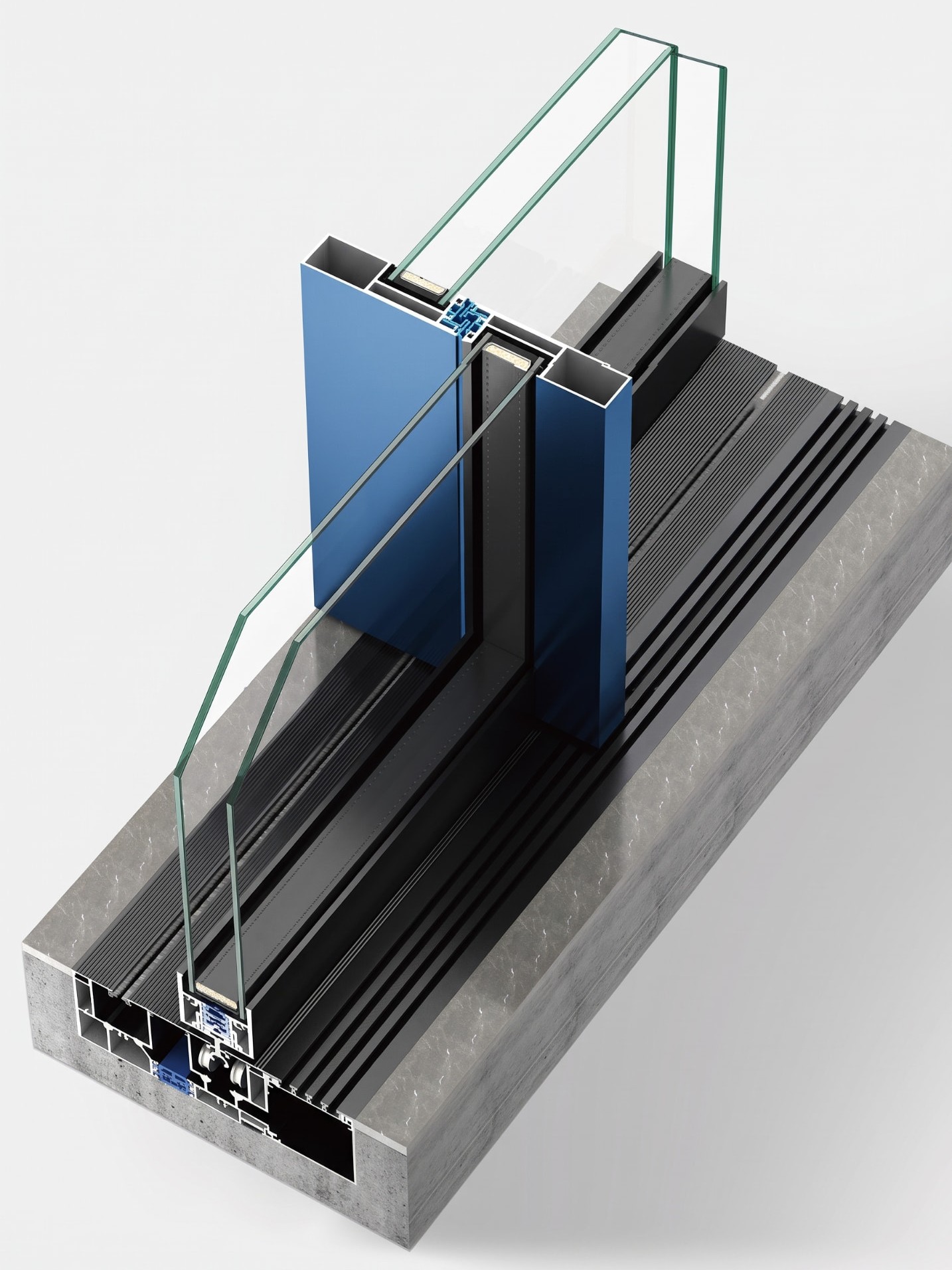 Cutaway render of a multi-track sliding door assembly showing the recessed floor threshold, black track rails, a concealed roller carriage with a white wheel, blue thermal break bars inside the frame profiles, double glazing with green-tinted edges, and a grey concrete base on a neutral background