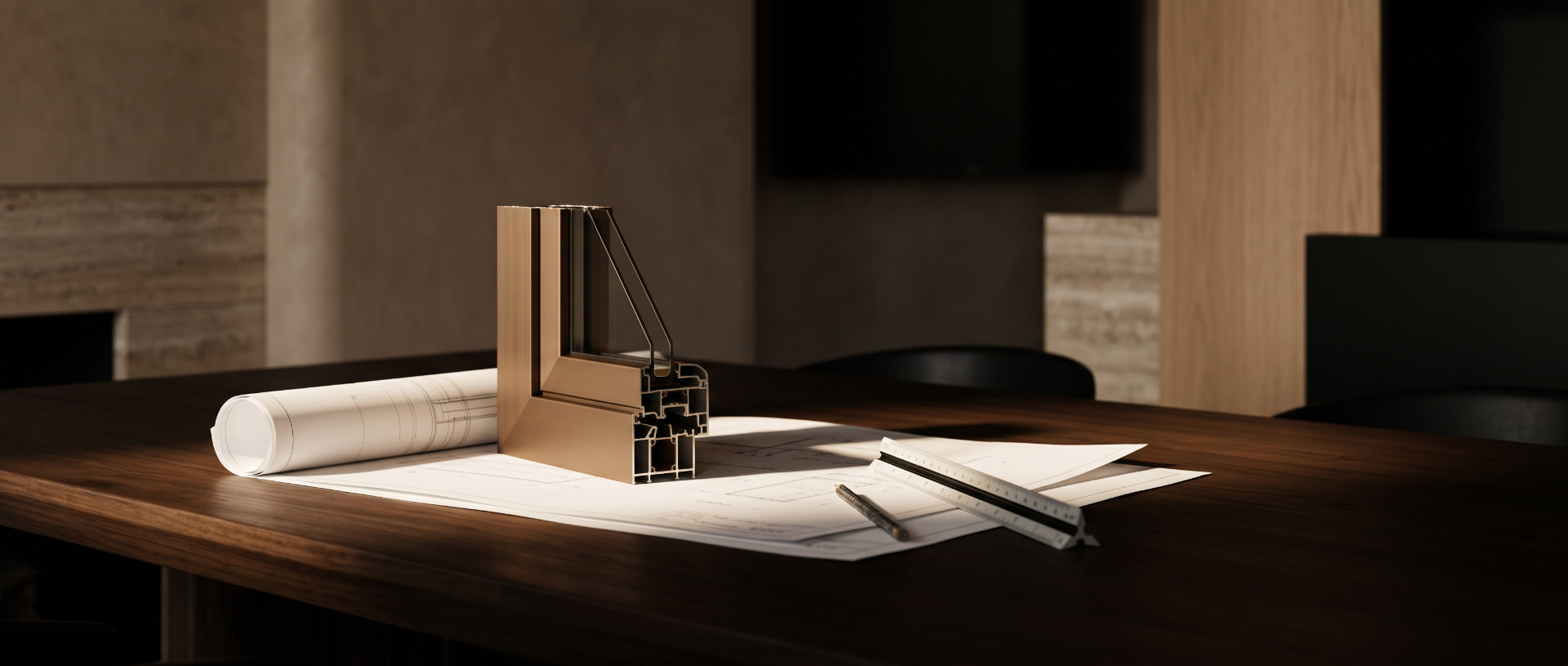 Bronze window frame profile resting on unrolled drawings, lit by low warm light