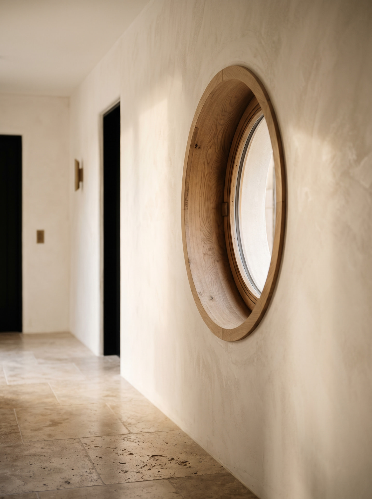 A circle of oak set into the plaster, holding the light whole