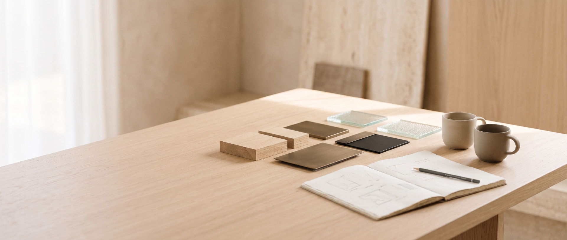 Material samples of oak, bronze and textured glass laid out on a work table beside an open sketchbook