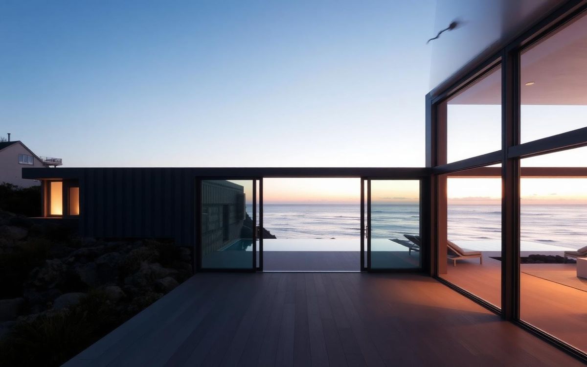 Sandy Springs home at dusk with slim-frame aluminum sliding doors open to a terrace