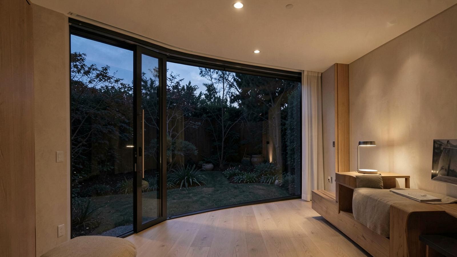 Warm evening interior with a wide sliding glass wall open to a terrace