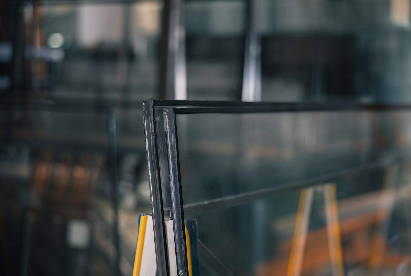 Stacked double-pane glass units on a rack in low light