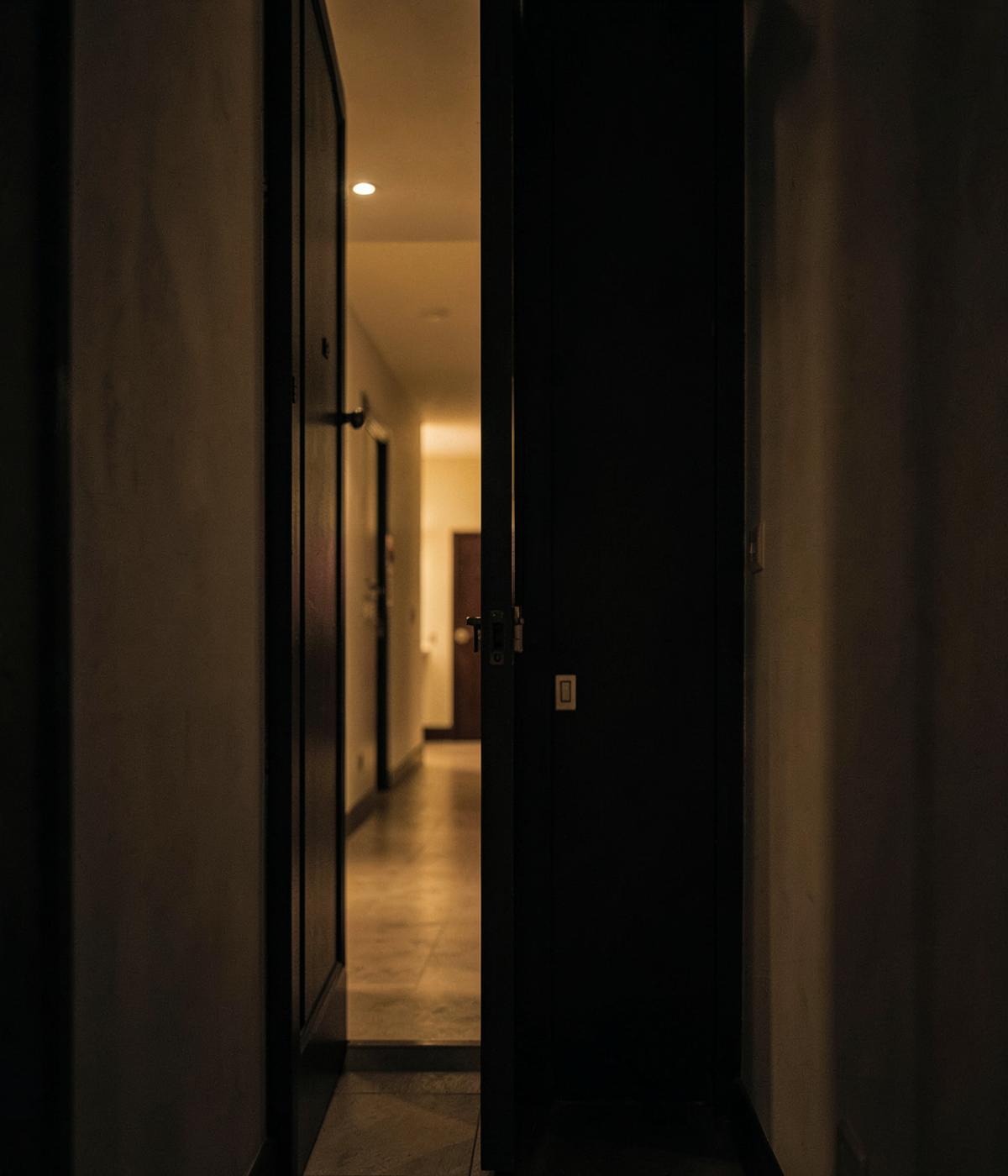 Tall dark pivot entry door opening onto a warm lit hallway